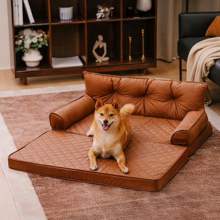 Großes Kunstleder Hundebett, faltbar, kognakbraun. Orthopädischer Komfort.