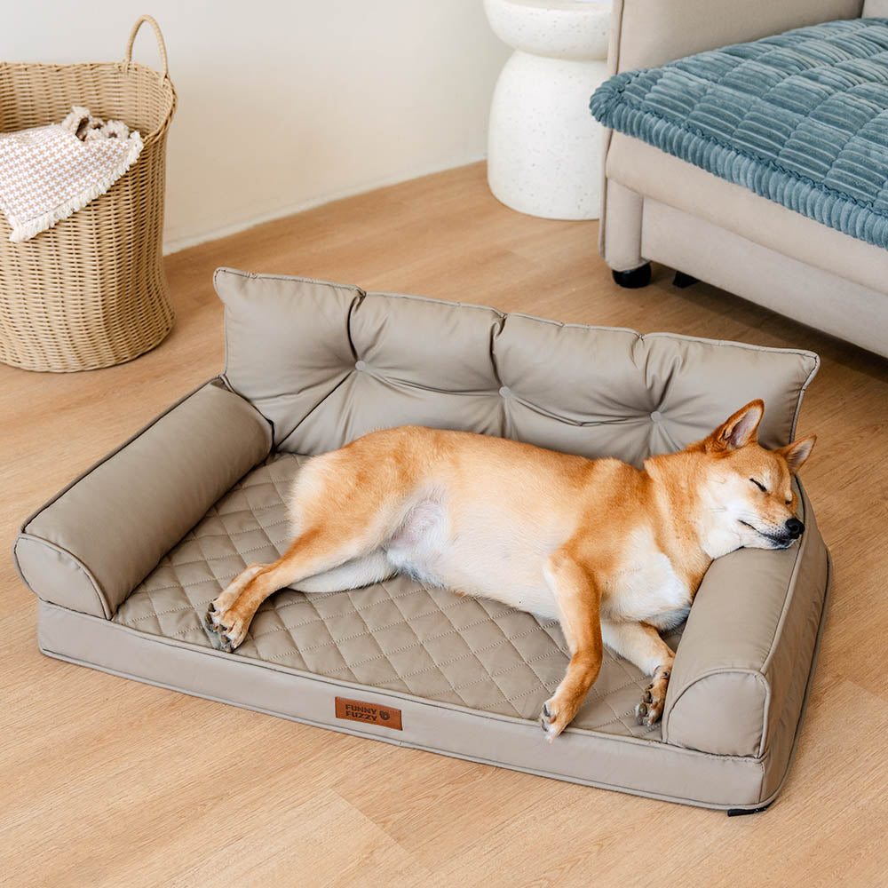 Waschbares orthopädisches Hundebett, kognakbraun, faltbar. Luxus Kunstleder.