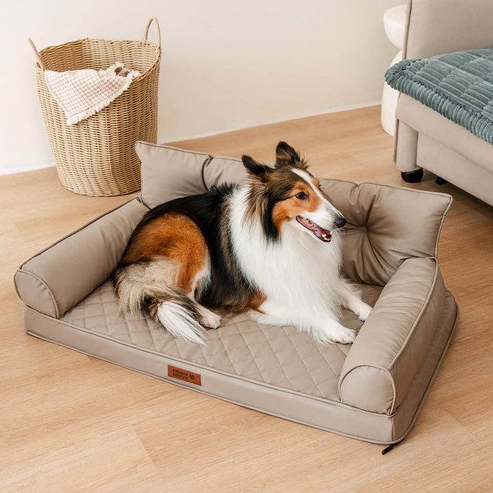 Taupegraues faltbares Hundebett, orthopädisch, Kunstleder. Großes Tierbett.