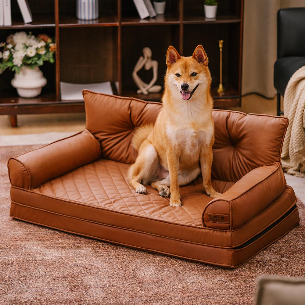Faltbares Kunstleder Hundebett, taupegrau. Orthopädischer Komfort für Hunde.