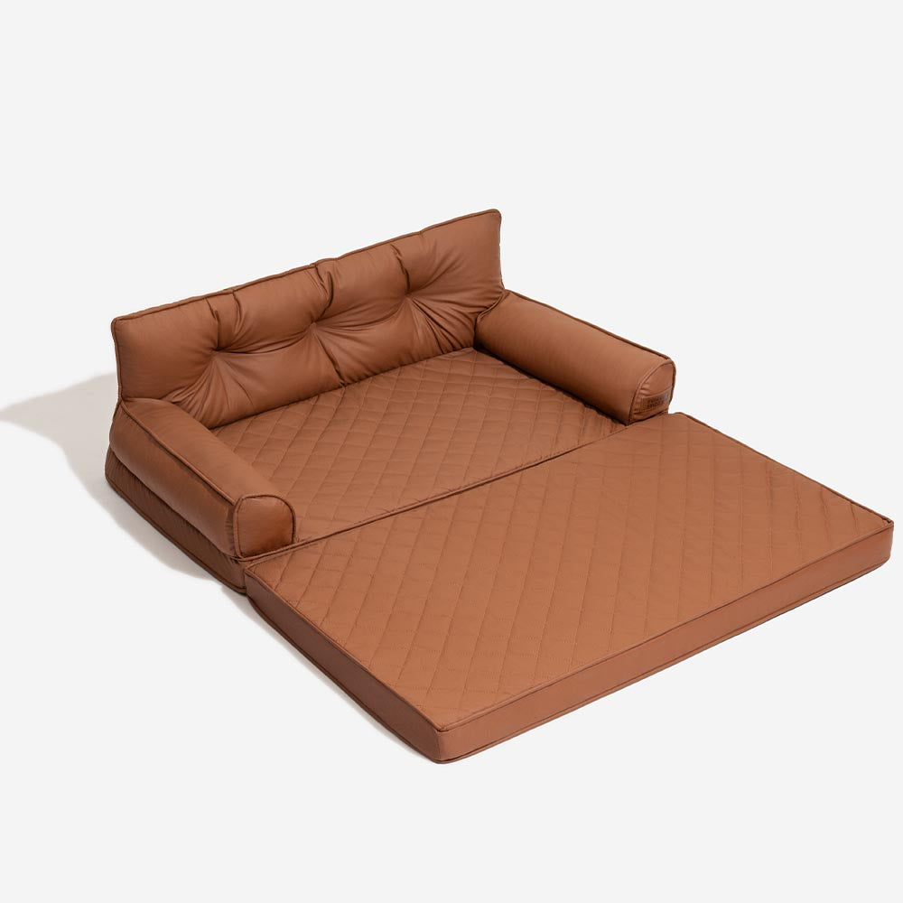 Orthopädisches Hundebett Kunstleder, faltbar, taupegrau. Ideal für Seniorhunde.