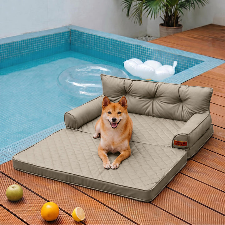 Kognakbraunes faltbares orthopädisches Hundebett, Kunstleder. Für Komfort.