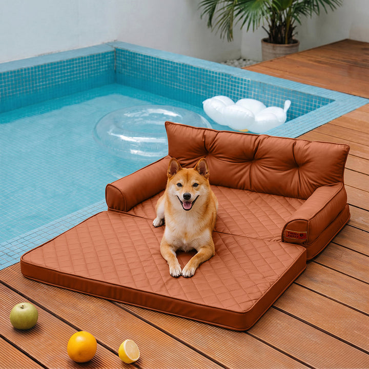 Orthopädisches Kunstleder Hundebett, faltbar, taupegrau. Für Seniorhunde Komfort.