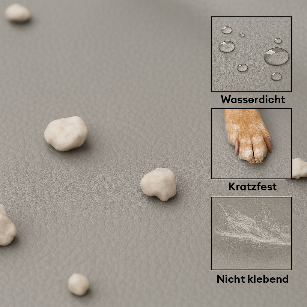 Taupegraues Kunstleder Hundebett, orthopädisch, faltbar. Hoher Komfort.
