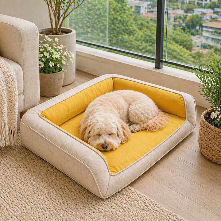 Orthopädisches Hundebett in Grau, bietet Gelenkentlastung & Komfort für Haustiere.