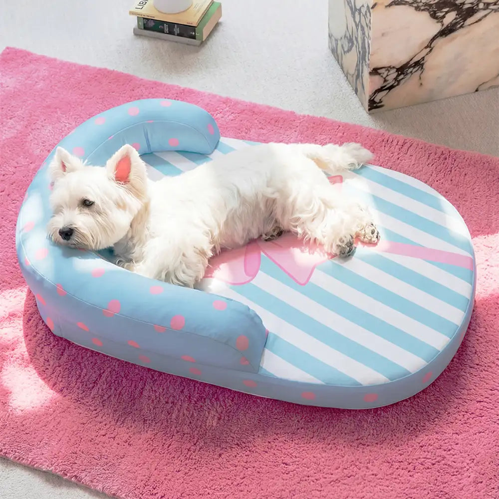 Orthopädisches Hundebett, kühlend, mit Nackenstütze für optimalen Tierkomfort. Atmungsaktiver Hausschlafplatz.