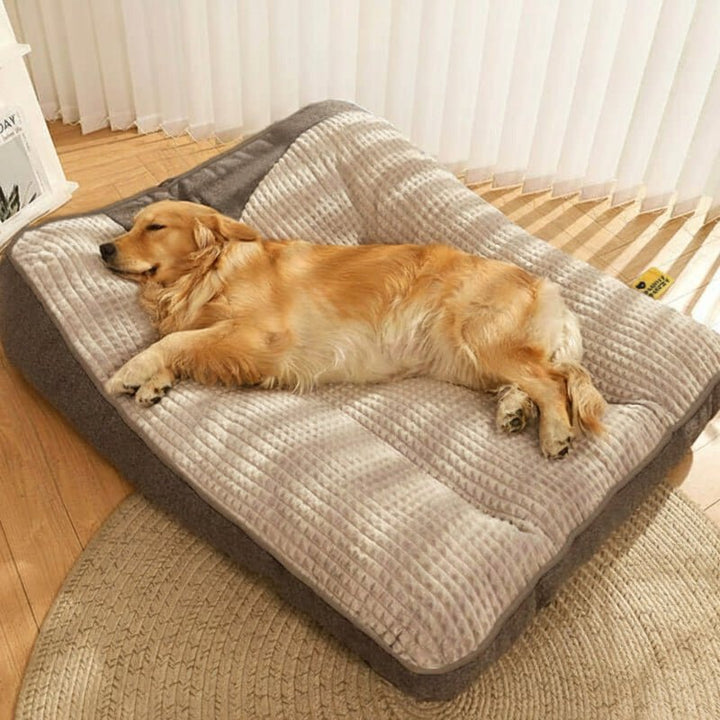 Kratzfestes, waschbares Hundebett in Grau/Braun, langlebig für alle Hunderassen.