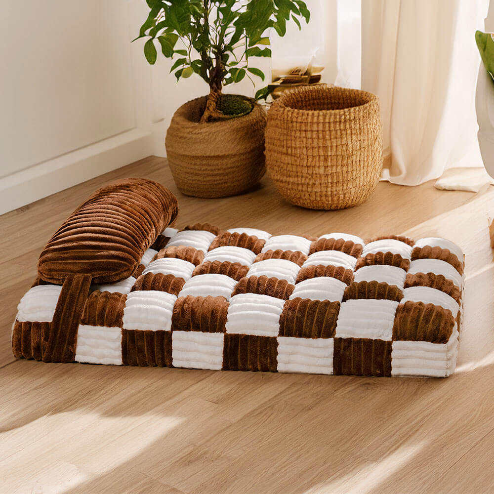 Waschbares Hundeplüschbett, orthopädisch, mit luxuriösem Schachbrett-Design für Haustiere.