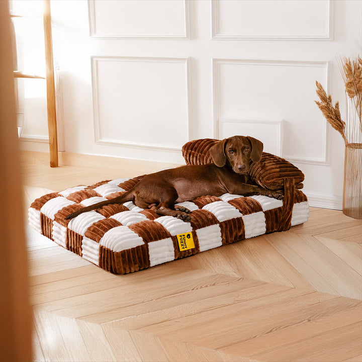 Großes orthopädisches Hundebett (XL) aus weichem Schachbrett-Plüsch, ideal für große Hunde.