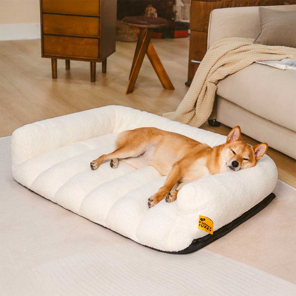 Orthopädisches Hundebett mit Kopfstütze aus Teddyfleece, gelenkschonend für optimalen Komfort des Hundes.