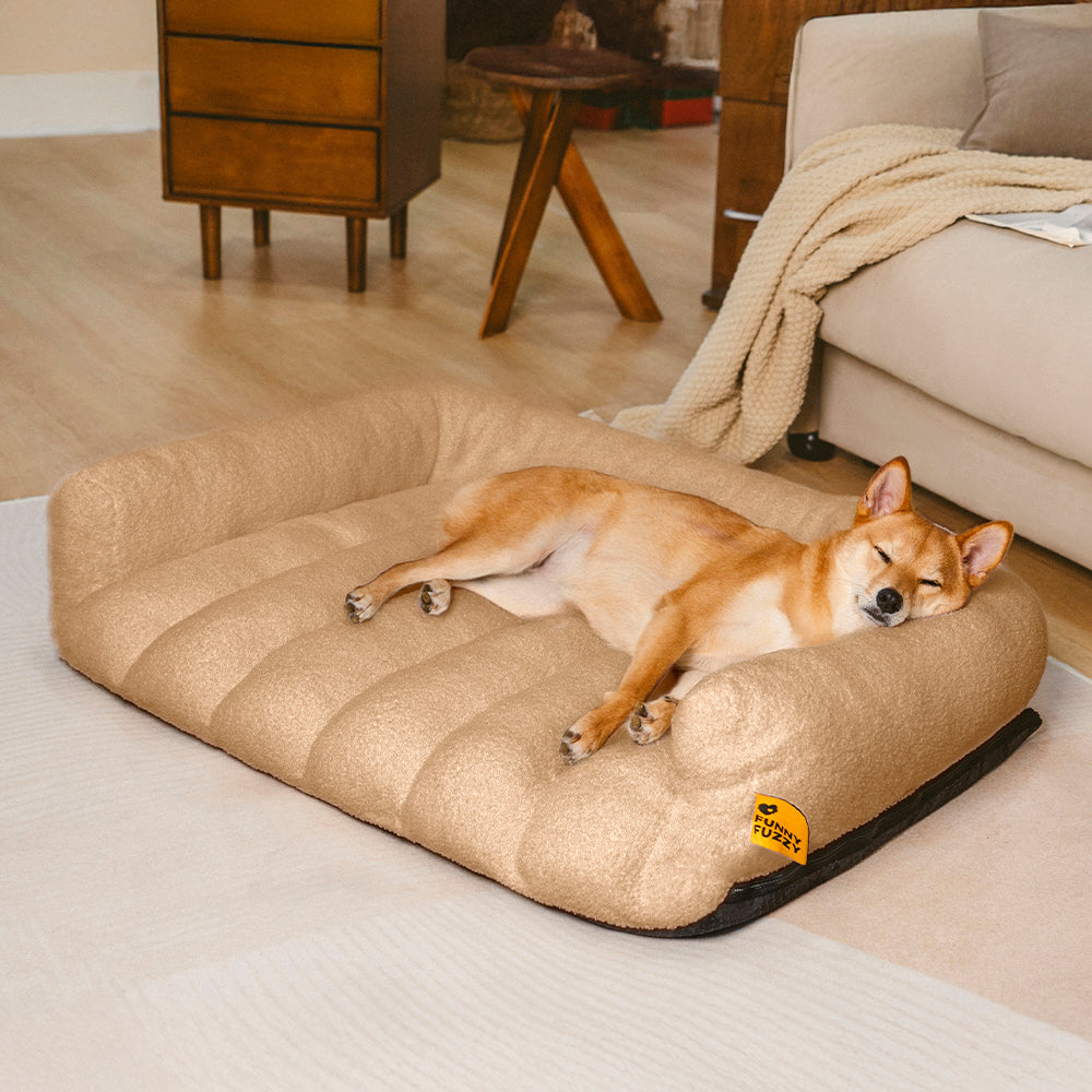 Hochwertiges orthopädisches Hundebett mit integrierter Kopfstütze, ideal für Gelenkschonung und besten Schlafkomfort.