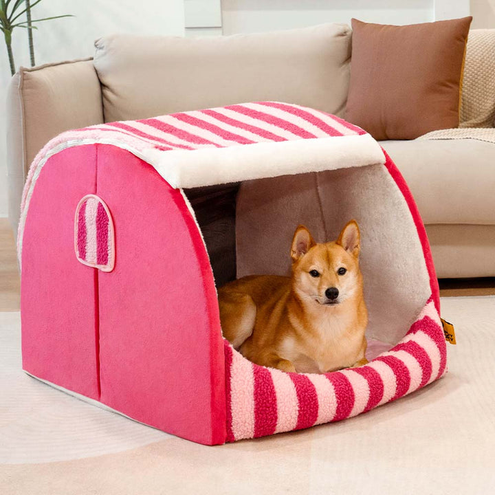 Orthopädisches Hundebett mit stilvollen Streifen für komfortablen Schlaf und Gelenkunterstützung.