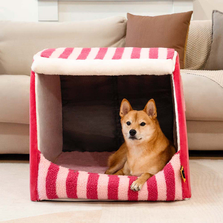 Hochwertiges orthopädisches Hundebett mit gestreiftem Bezug, ideal für Gelenkschutz und Komfort.