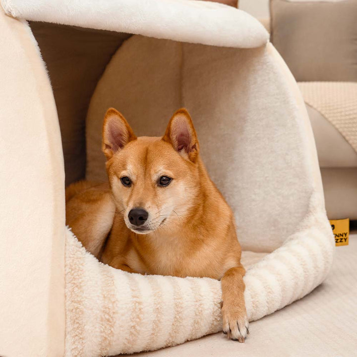 Dieses orthopädische Hundebett in Grau-Beige mit Streifenmuster bietet optimalen Halt.