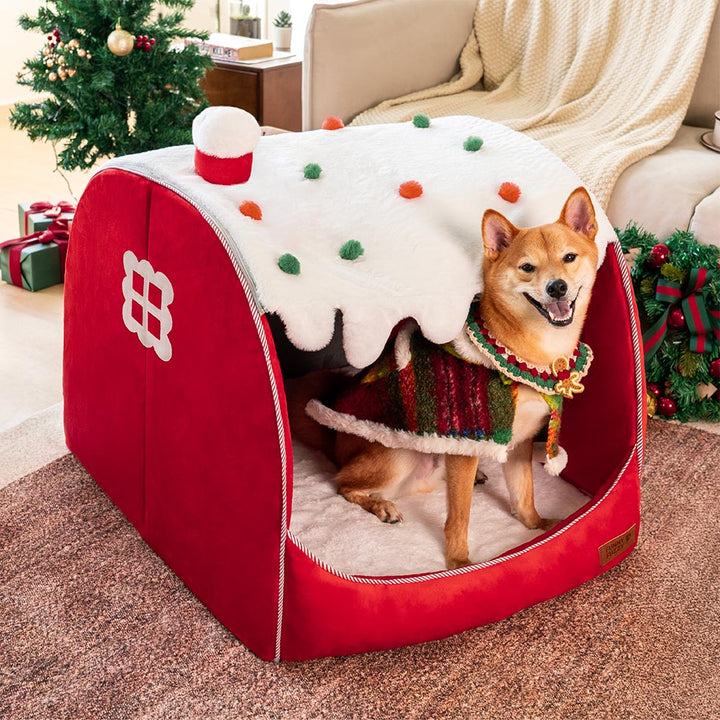 Orthopädisches Hundebett Schneehaus für festlichen Winterkomfort, rot, kuschelig.