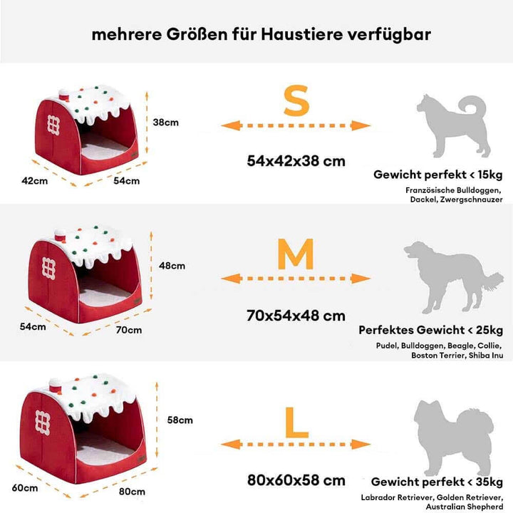 Kuscheliges Haustierbett Schneehaus, orthopädisch & waschbar, in festlichem Design für Zuhause.