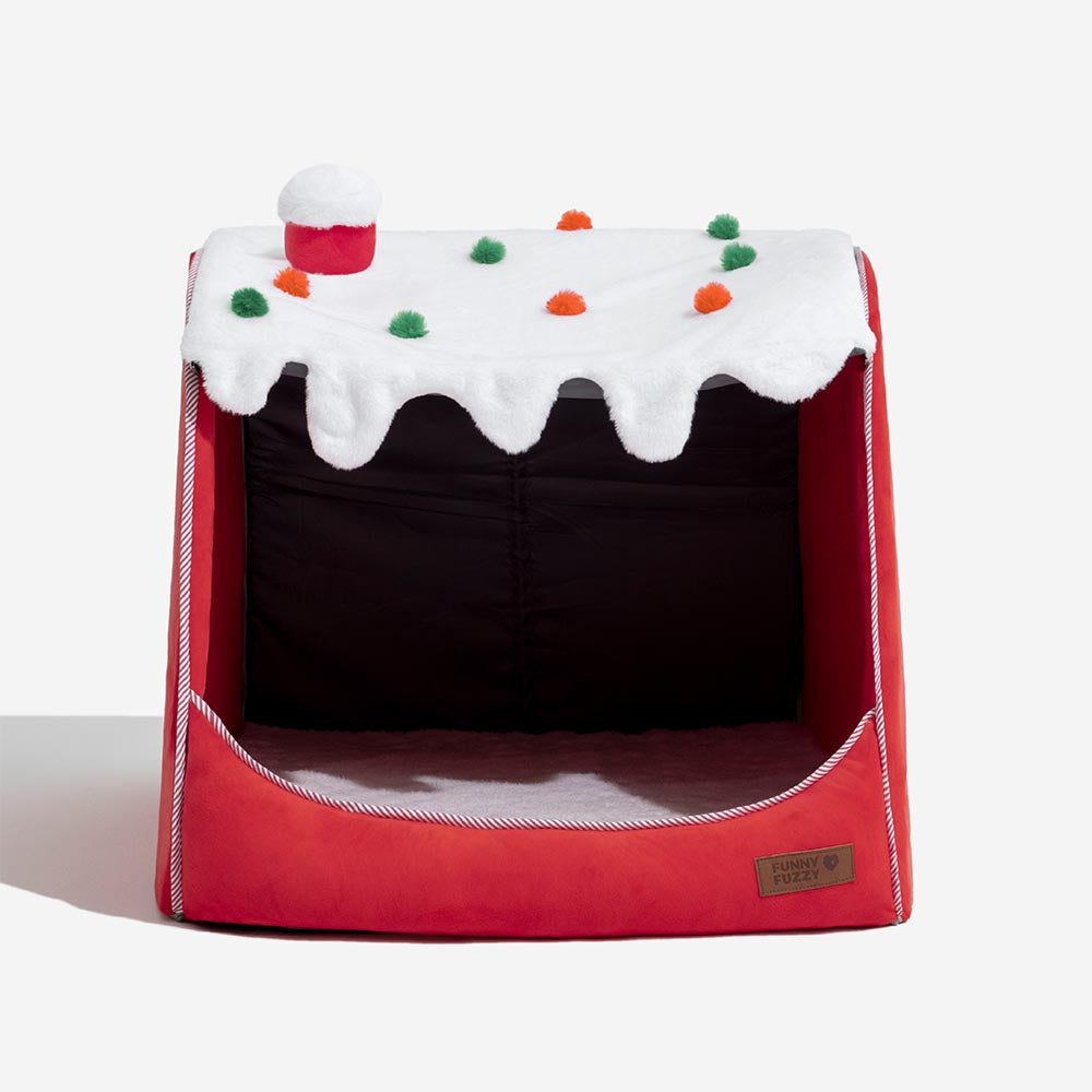 Festliches, orthopädisches Hundebett in Rot, Schneehaus-Design, ein tolles Weihnachtsgeschenk.