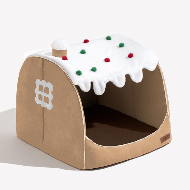 Hochwertiges orthopädisches Hundebett "Schneehaus" in Khaki, winterlich und warm für Hunde.