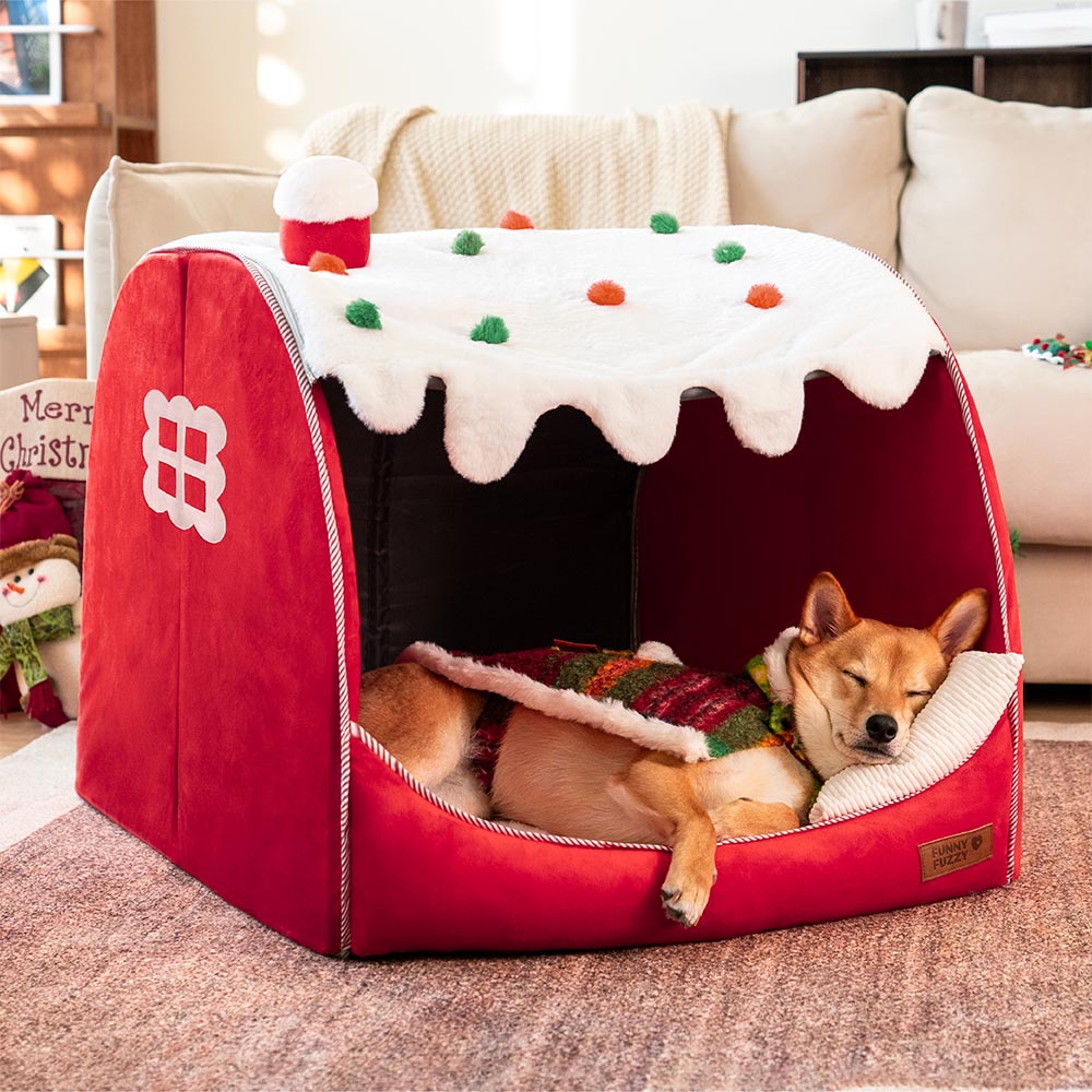 Weihnachtliches Orthopädisches Hundebett Schneehaus, ideal als Festgeschenk für Haustiere.
