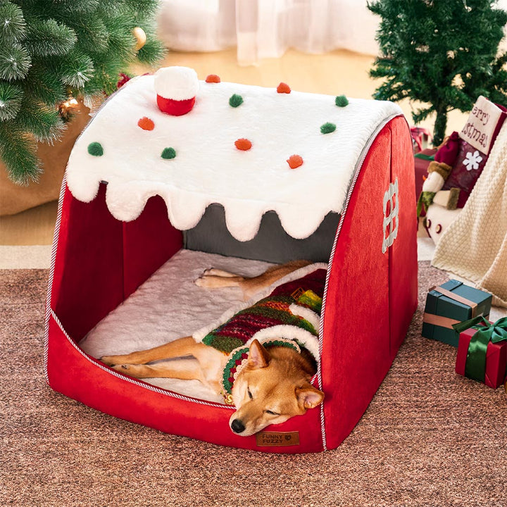 Winterliches Hundebett in Schneehaus-Form, orthopädisch und warm für Ihr liebes Haustier.