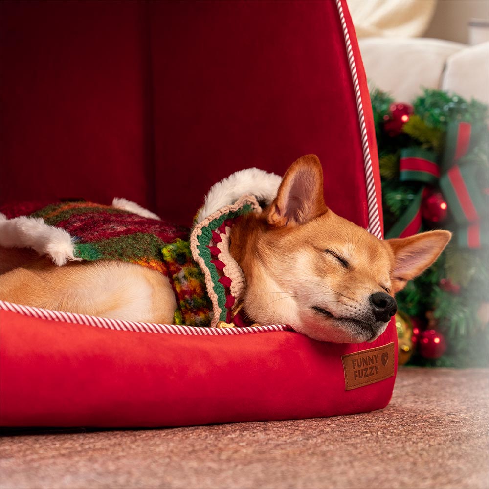 Rot-weißes Schneehaus Hundebett, orthopädisch, waschbar & kuschelig für den kalten Winter.