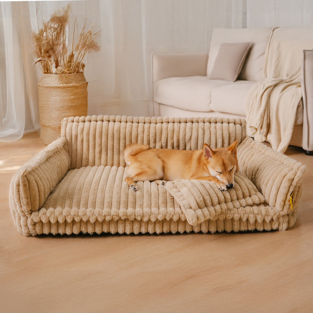 Orthopädisches Hundesofabett in Grau, flauschig & waschbar. Gelenkschonender Schlafplatz für alle Hunde.