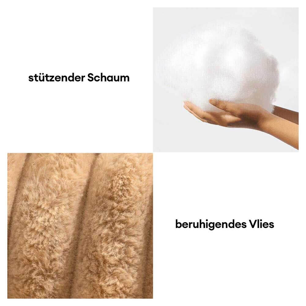 Seitenansicht des orthopädischen Hundebetts. Flauschiges, waschbares Design für gesunden Schlaf.