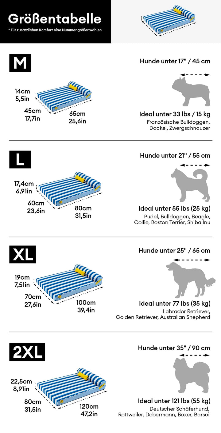 Hund genießt kühles orthopädisches Hundebett in Blau. Gelenkfreundlicher Schlafplatz für entspannte Sommerruhe.