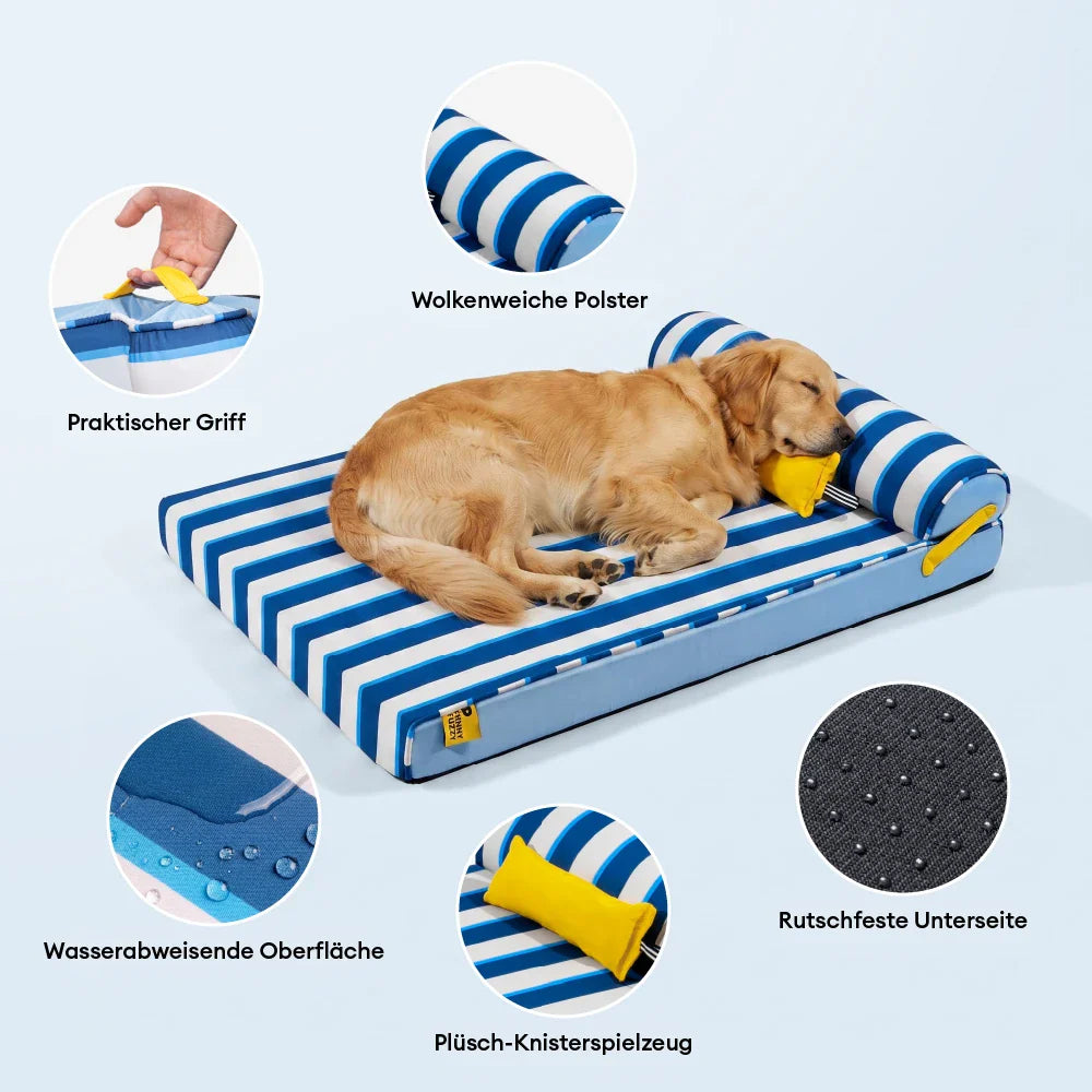 Gelenkfreundliches kühlendes Hundebett in Blau, mit orthopädischem Memoryschaum. Ideal für Welpen & Seniorenhunde.