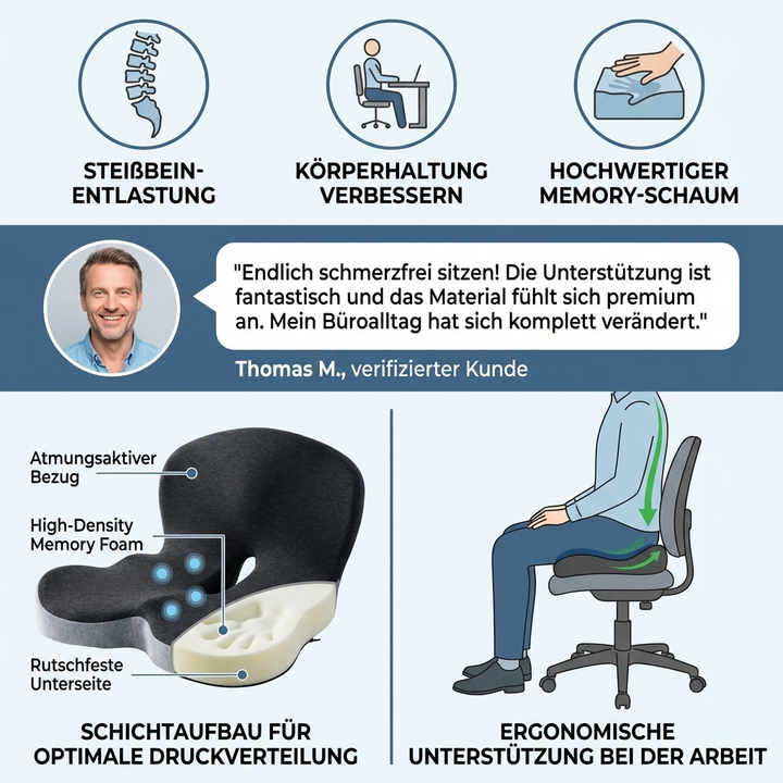 Komfortables orthopädisches Sitzkissen aus Memory-Schaum zur Rückenunterstützung & Förderung gesunder Haltung.