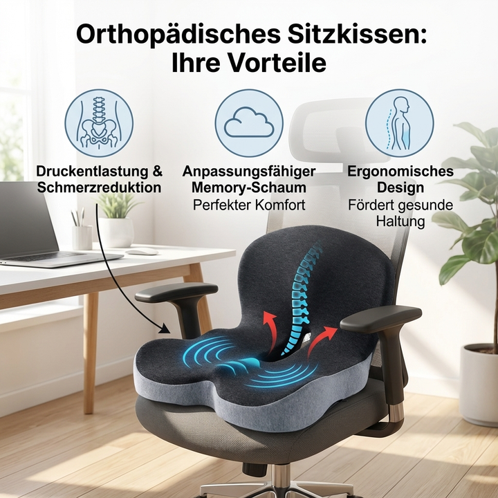 Memory-Schaum Sitzkissen mit Steißbein-Aussparung. Entlastet Druckpunkte und sorgt für optimalen Sitzkomfort.