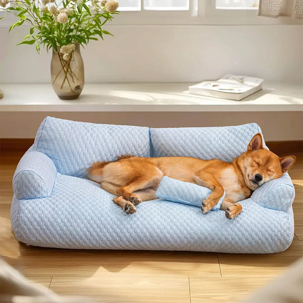 Blaues orthopädisches Plüschbett für Hunde und Katzen, weich & stützend.