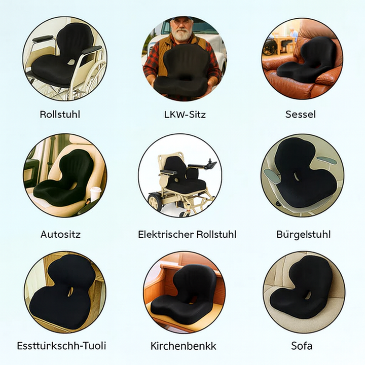 Komfortables RelaxoSeat Sitzkissen, beugt Schmerzen vor und fördert eine entspannte Sitzposition.