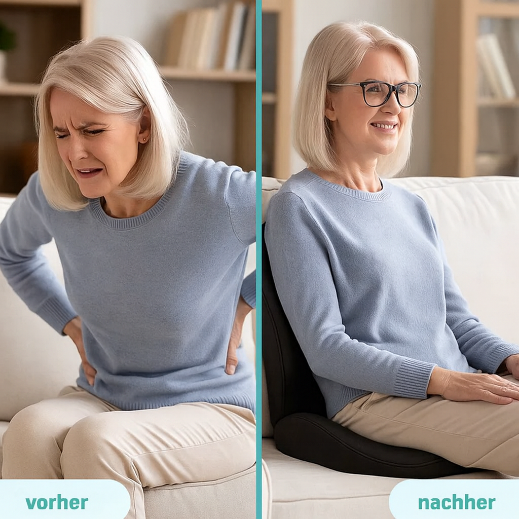 Tragbares RelaxoSeat orthopädisches Sitzkissen für Autositz & Rollstuhl, reduziert Ischiasbeschwerden.