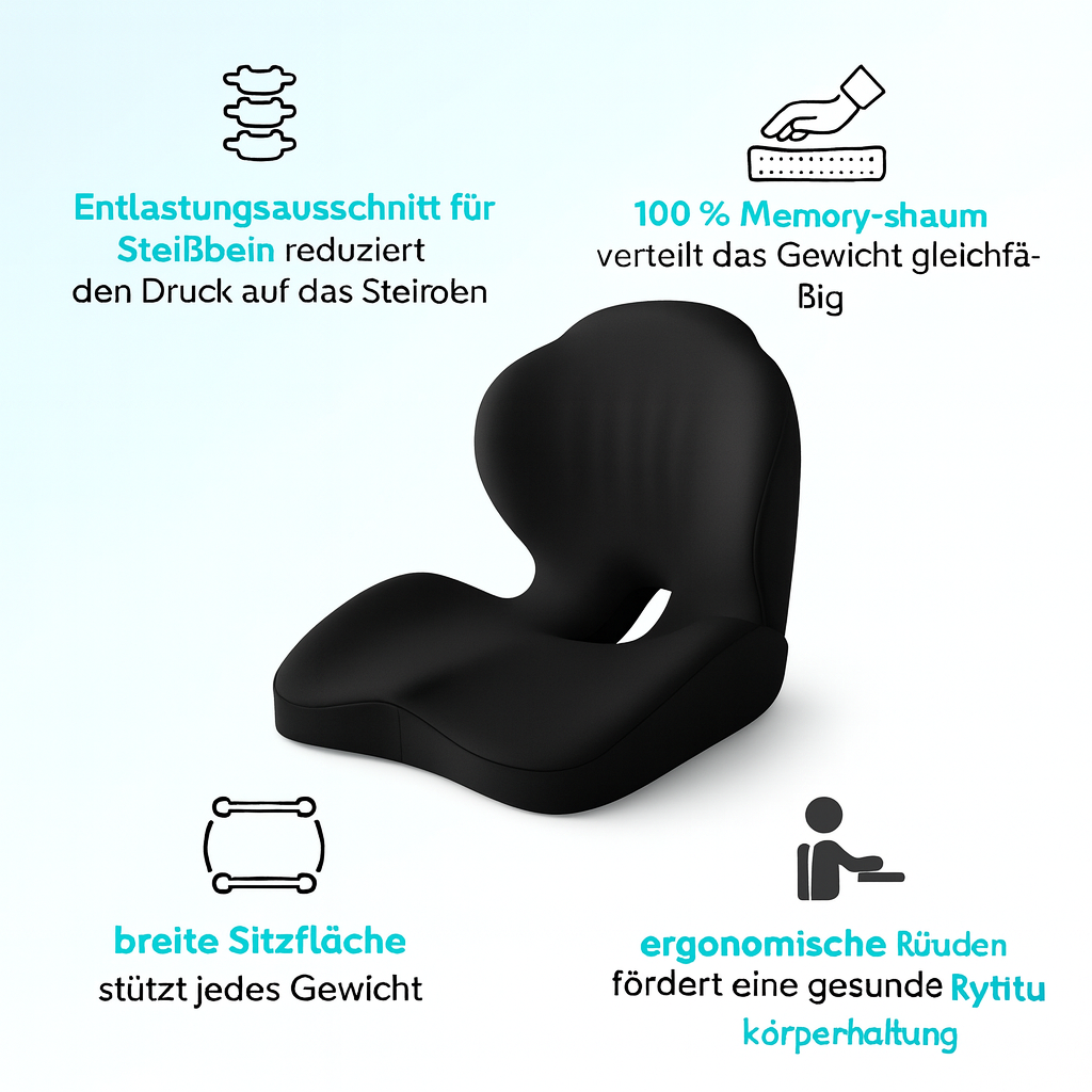 RelaxoSeat Steißbein-Sitzkissen mit spezieller Aussparung für maximale Entlastung & Bequemlichkeit.