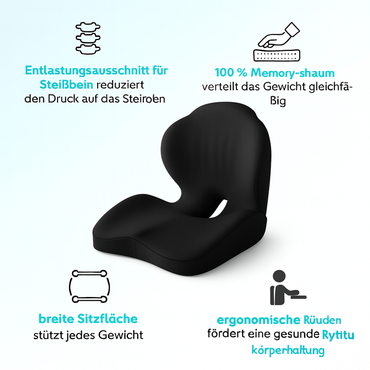 RelaxoSeat Steißbein-Sitzkissen mit spezieller Aussparung für maximale Entlastung & Bequemlichkeit.