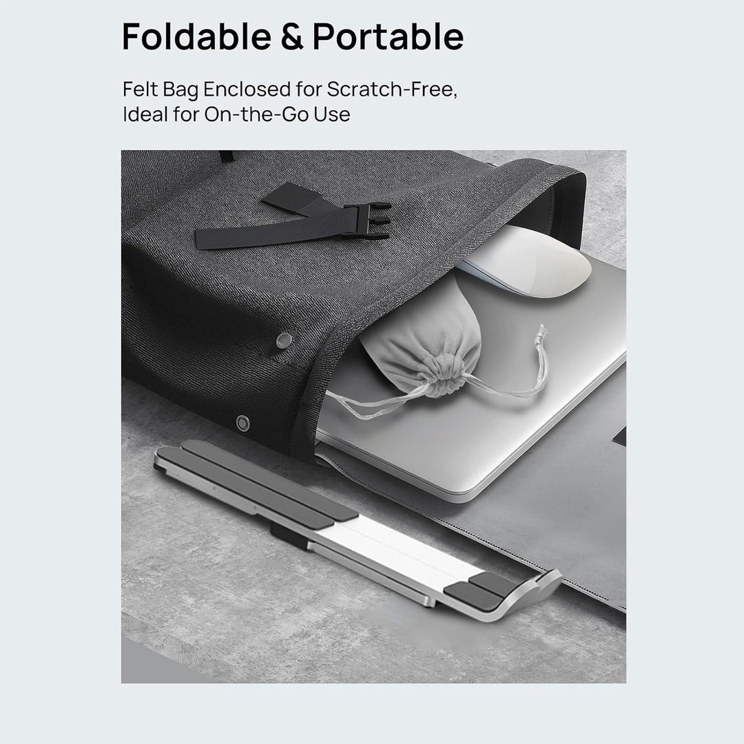 Kompakter Schreibtisch-Laptopständer faltbar, verstellbar für Home-Office und unterwegs. Fördert Kühlung.
