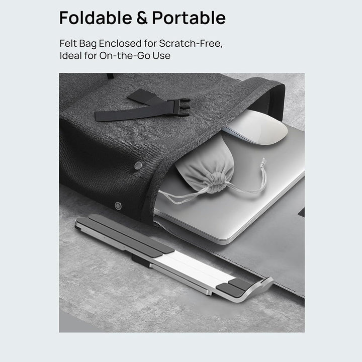 Kompakter Schreibtisch-Laptopständer faltbar, verstellbar für Home-Office und unterwegs. Fördert Kühlung.