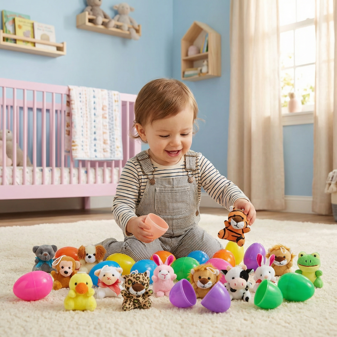 Oster-Set für Kinder: Bunte Eier & niedliche Plüschtiere als Überraschung für die Eiersuche zum Osterfest.