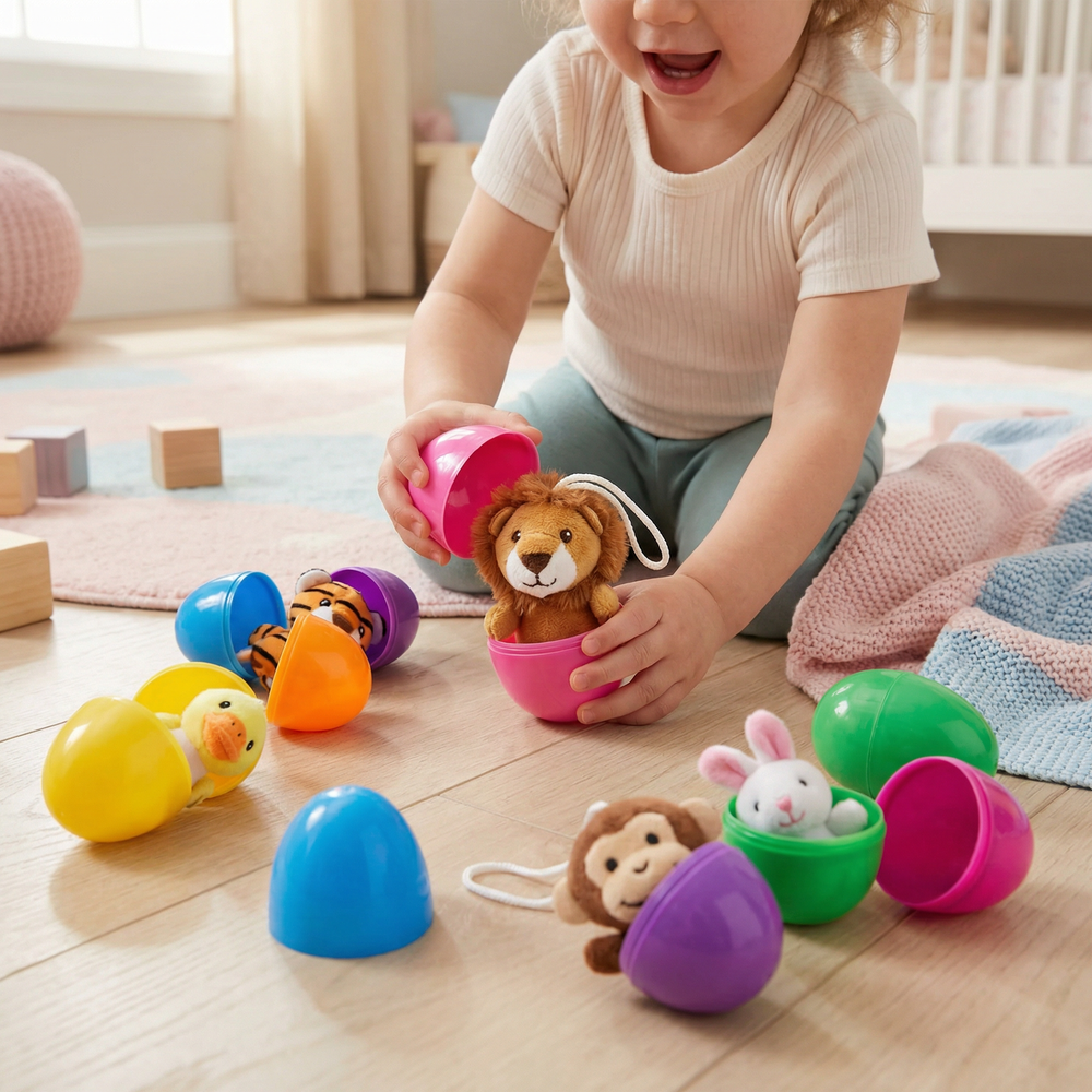 Niedliche Plüschtiere in bunten Ostereiern, perfektes Kindergeschenk zum Osterfest & für magische Überraschungen.