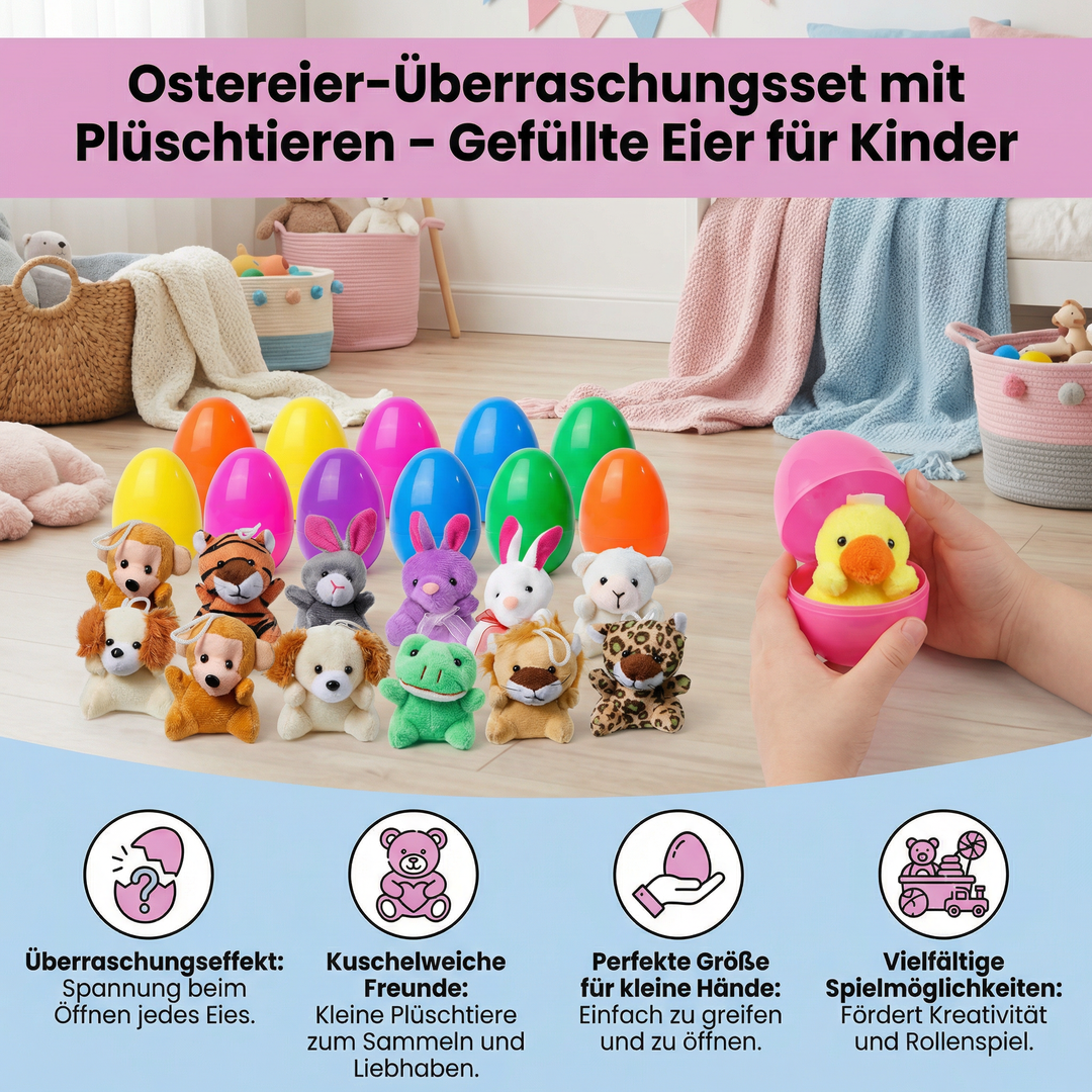 Fröhliches Oster-Set mit Kuscheltieren & Spielzeug-Eiern, ideal für Kinder zum Osterfest und die Eiersuche.