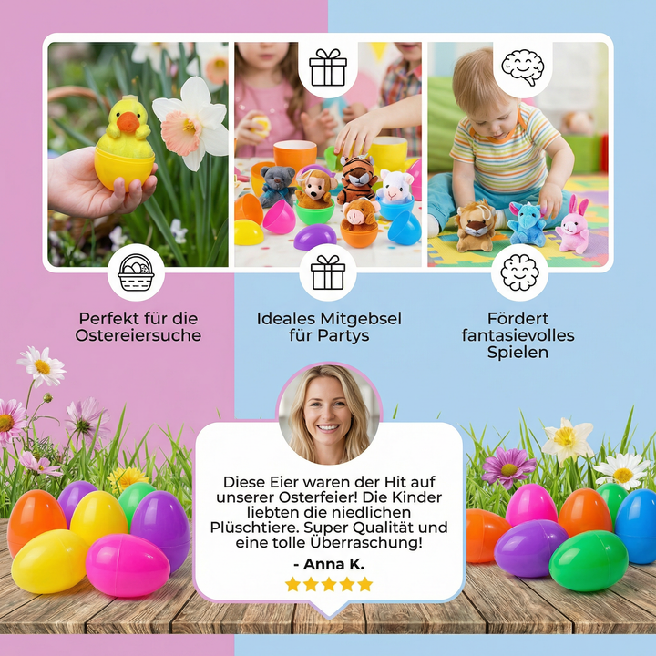 Bunte Überraschungs-Ostereier gefüllt mit weichen Plüschtieren. Ein magisches Kindergeschenk für Ostern.