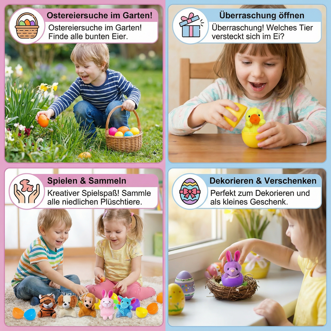 Kinder Ostereier-Set mit verschiedenen Plüschtieren, das perfekte Spielzeug für eine fröhliche Eiersuche.