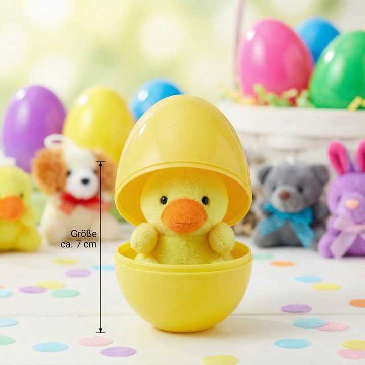 Osternest-Füller: Plüschtiere in Deko-Ostereiern für Kinder. Tolles Geschenk und Spielzeug zum Osterfest.