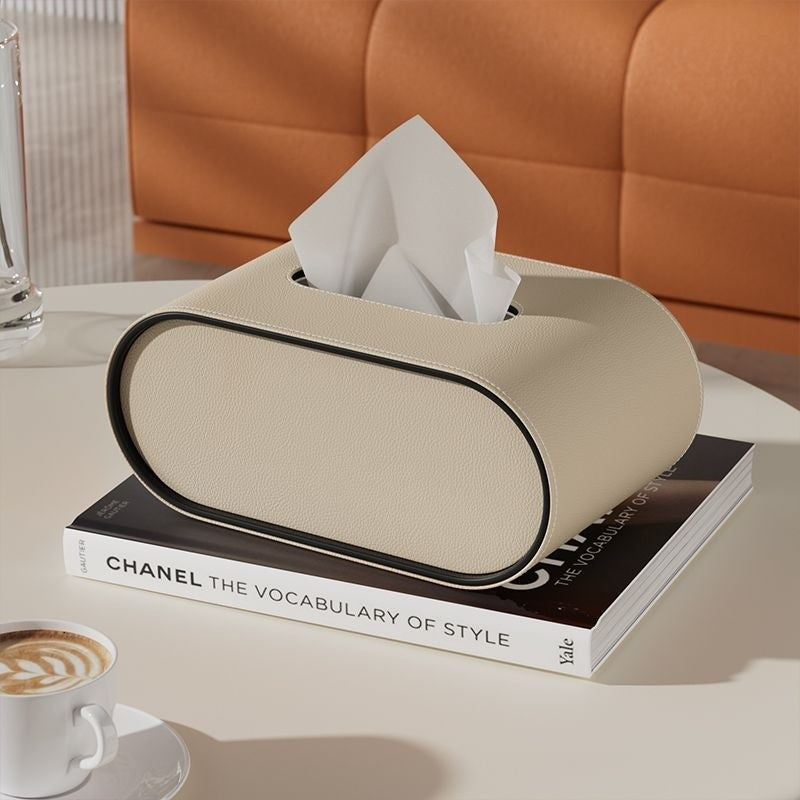 Edle ovale Taschentuchbox aus Leder, perfekt als stilvolle Deko und praktische Aufbewahrung für Wohn- oder Schlafzimmer.