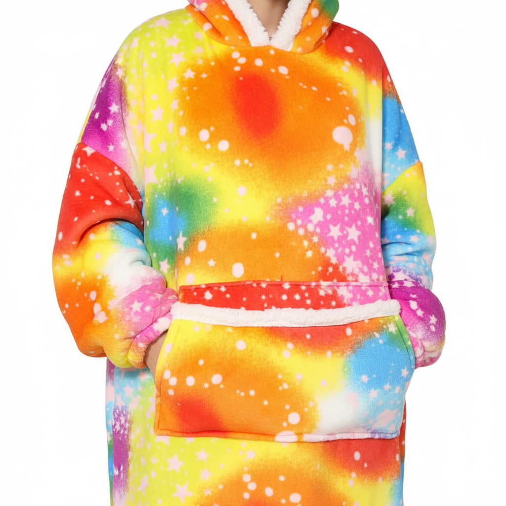 Geschenkidee: Flauschiger Unisex Deckenhoodie mit Kapuze & Taschen. Gemütliche Kuscheldecke für alle.