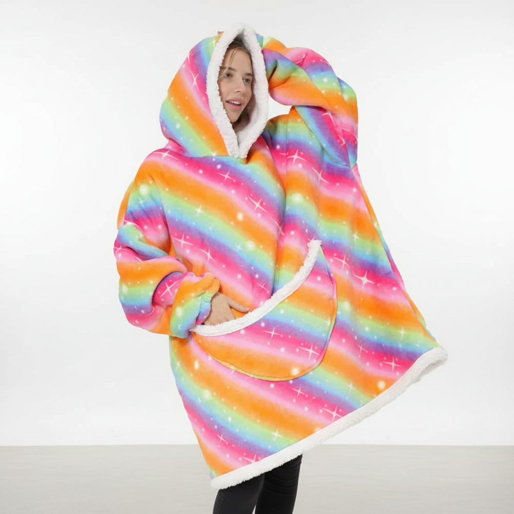 Farbenfroher Unisex Fleece-Deckenhoodie, Kapuzendecke in Übergröße. Mit Taschen, ideal für Entspannung.