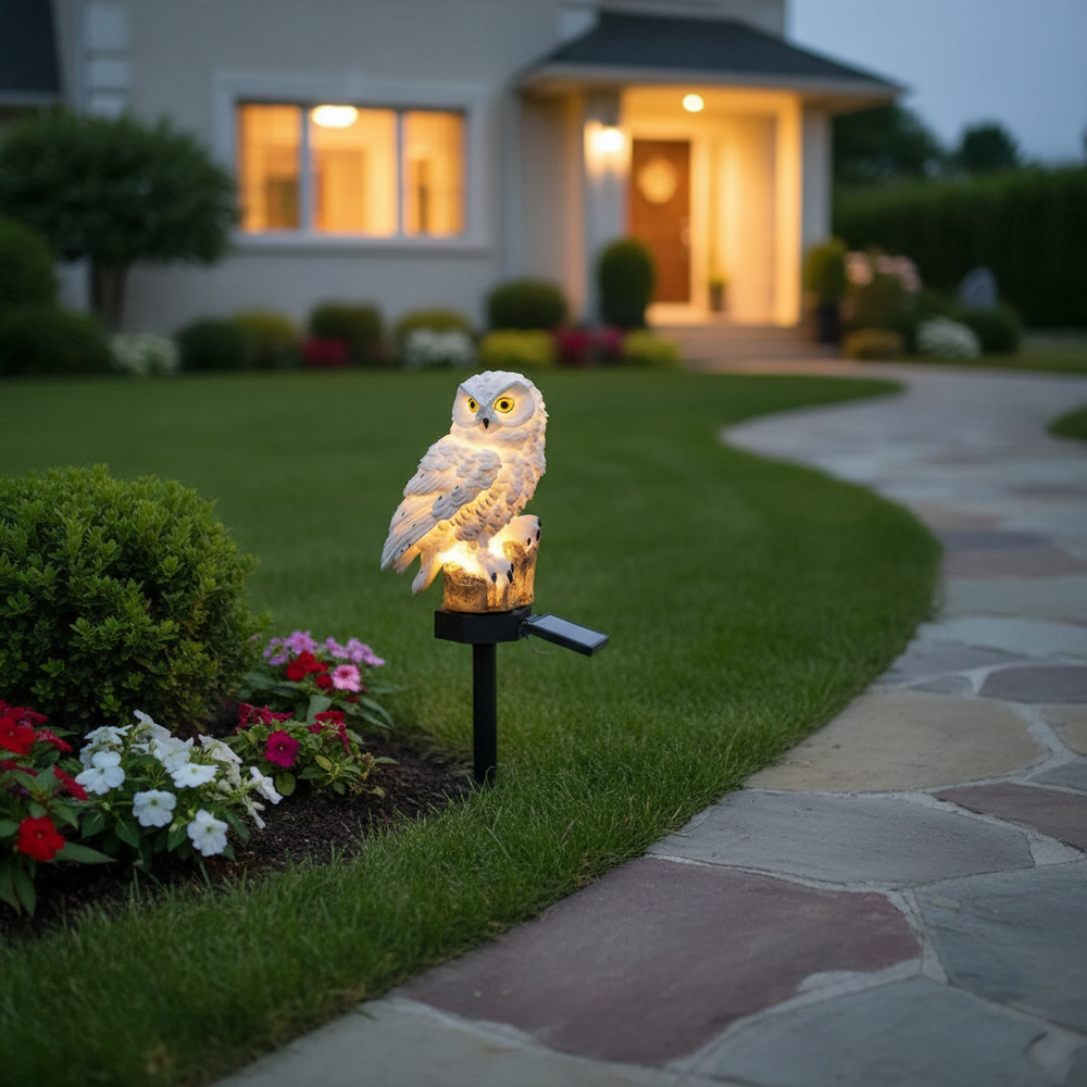 Dekorative OwlGlow Solar-Eulenleuchte aus Resin, 45cm, detailreiches Eulen-Design für den Garten.