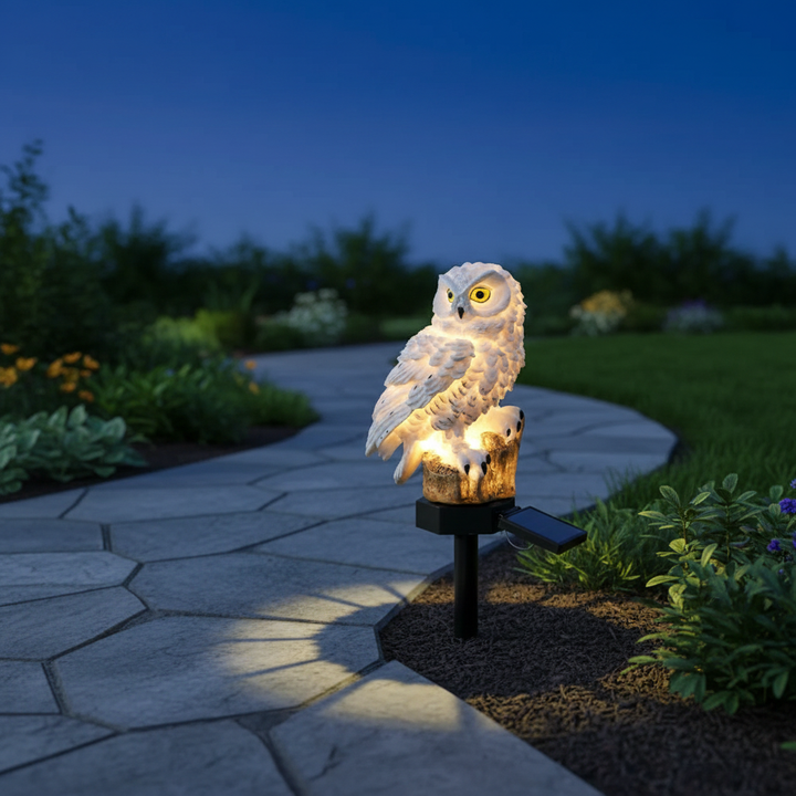 Kabellose OwlGlow Solarleuchte Eule mit Dämmerungssensor für automatische Gartenbeleuchtung.