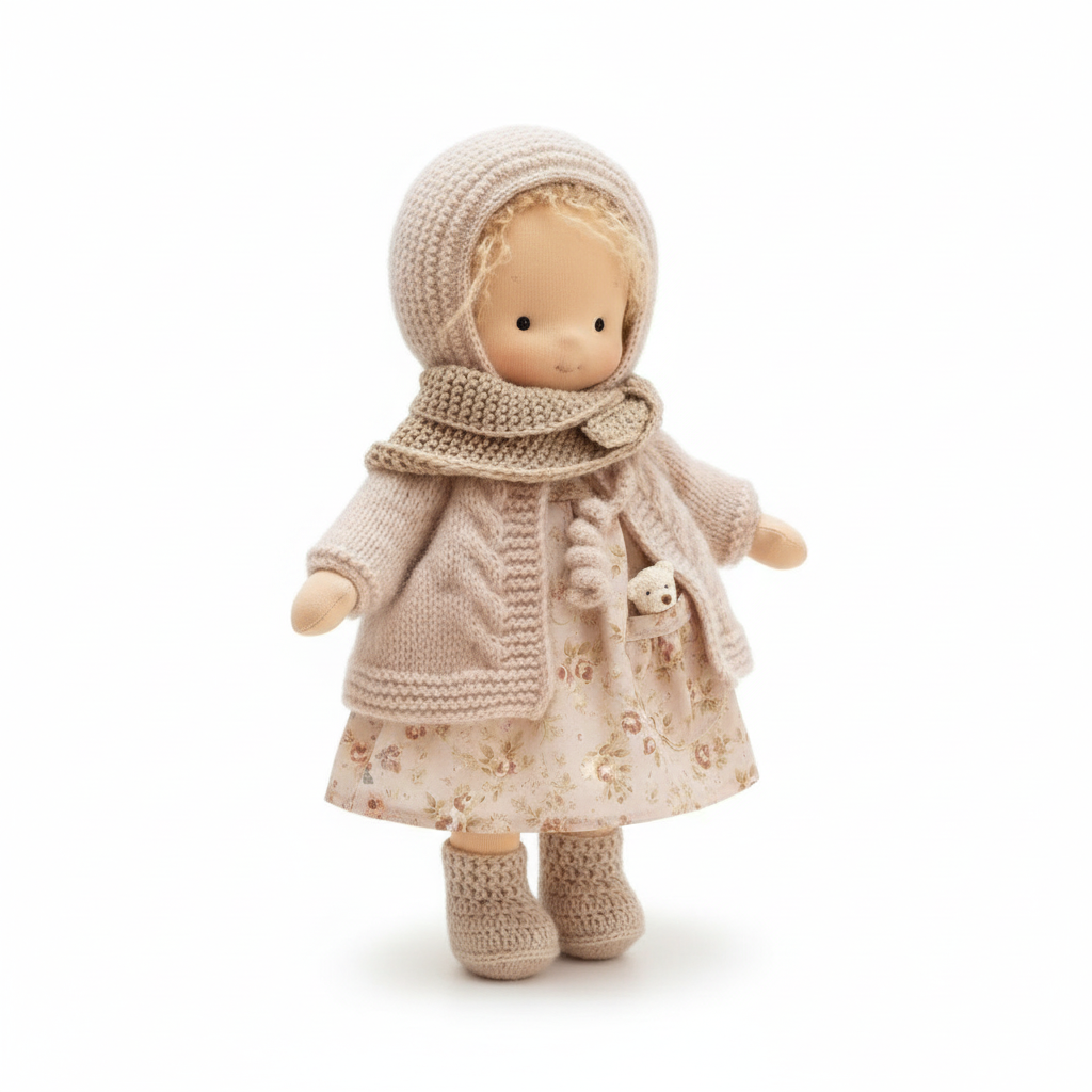 Pädagogische Waldorf-Puppe Poppi 35cm aus Bio-Baumwolle, handgefertigt für Kinder.